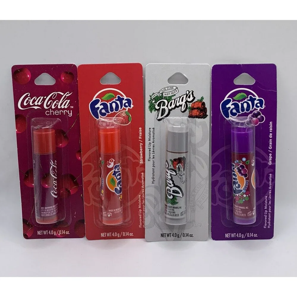 Licensed Soda Flavored Lip Balm-Coca Cola,Fanta, Cherry Cola, Barg’s￼. Lot Of 4